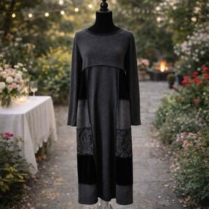 🖤 Women's Dark Gray Patchwork Maxi Dress Long Sleeve Boho Artwear Dark Cottage